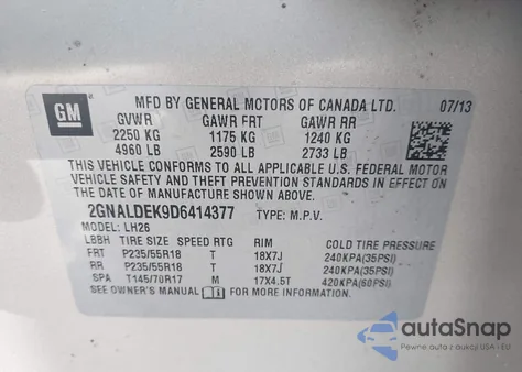 2013 Chevrolet Equinox 1Lt from USA, damaged, VIN 2GNALDEK9D6414377